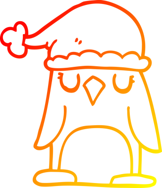 Bir insan tarafından çizilmiş Noel şapkası giyen bir penguen çizgi çizimi.