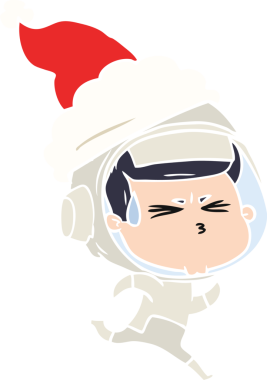Bir insan tarafından çizilmiş Noel Baba şapkası giyen stresli bir astronotun el çizimi düz renk çizimi.