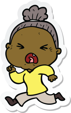 Bir insan tarafından çizilmiş kızgın yaşlı bir kadının çıkartması.