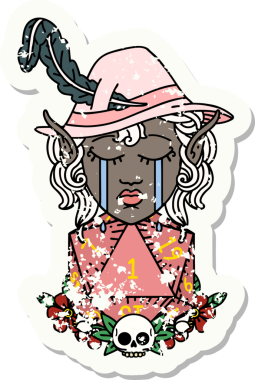 Retro Dövme Tarzı Ağlayan Elf Ozan Karakteri Bir insan tarafından çizilmiş doğal D20 rulo