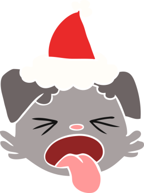 Bir insan tarafından çizilmiş Noel Baba şapkası takan bir köpeğin düz renkli çizimi.