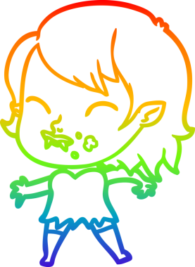 Gökkuşağı gradyan çizgisi. Bir insan tarafından çizilmiş yanağında kan olan vampir bir kız çizgi filmi.