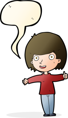 Bir insan tarafından çizilmiş konuşma balonlu mutlu kadın çizgi filmi.