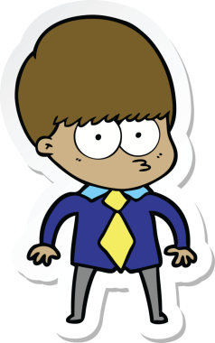 Bir insan tarafından çizilmiş gömlek ve kravat giyen sinirli bir çizgi film çocuğunun çıkartması.