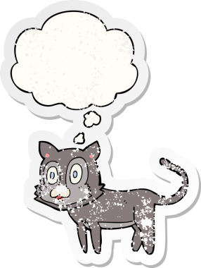 Düşünce baloncuğu olan mutlu çizgi film kedisi bir insan tarafından çizilmiş yıpranmış bir çıkartma.