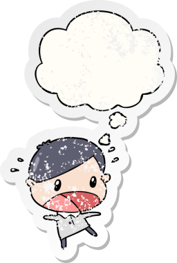 Bir insan tarafından çizilmiş yıpranmış bir çıkartma gibi düşünce balonuyla şok olmuş bir adam.