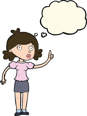 Bir insan tarafından çizilmiş düşünce baloncuğu fikri olan karikatür kadın.