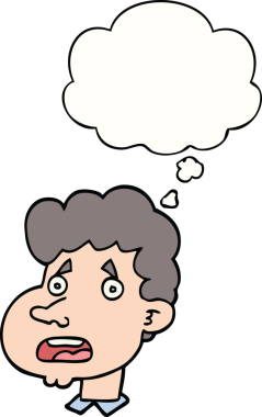 Bir insan tarafından çizilen düşünce baloncuğuyla şok olmuş bir adam.