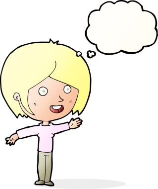 Bir insan tarafından çizilmiş düşünce baloncuğuyla el sallayan mutlu bir kız.