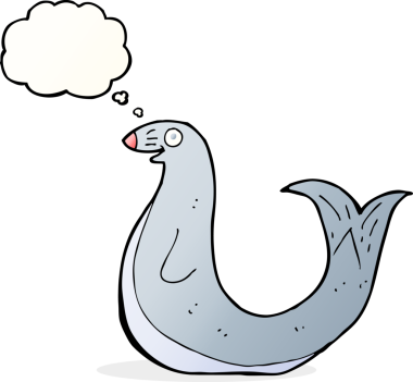 Bir insan tarafından çizilmiş düşünce baloncuklu mutlu fok.