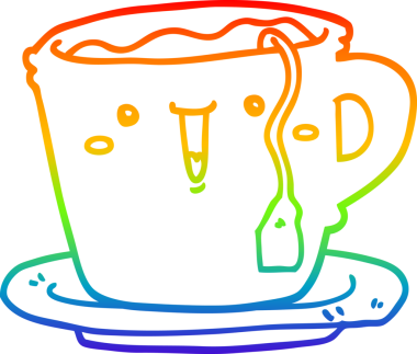 Gökkuşağı gradyan çizgisi bir insan tarafından çizilmiş şirin bir fincan ve fincan tabağı.