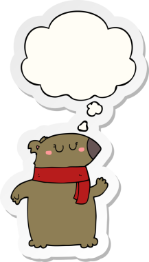 Düşünce baloncuklu eşarplı çizgi film ayısı insan tarafından çizilmiş bir çıkartma gibi.