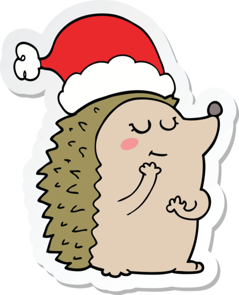 Bir insan tarafından çizilmiş Noel şapkası takan bir kirpinin çıkartması.