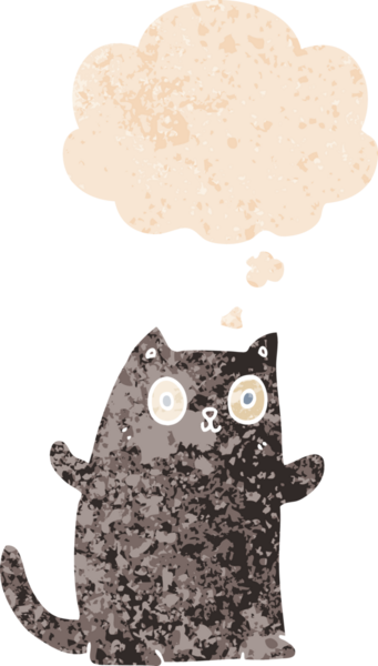 grunge 'da düşünce baloncuğu olan çizgi film kedisi bir insan tarafından çizilmiş dertli retro desenli