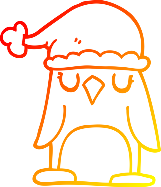 Bir insan tarafından çizilmiş Noel şapkası giyen bir penguen çizgi çizimi.