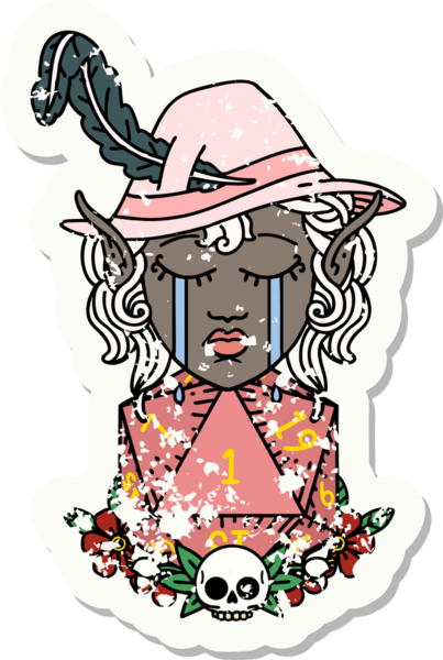 Retro Dövme Tarzı Ağlayan Elf Ozan Karakteri Bir insan tarafından çizilmiş doğal D20 rulo