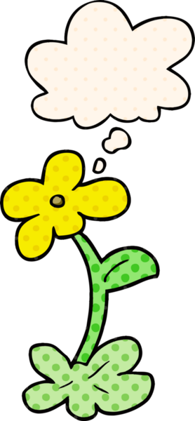 Bir insan tarafından çizilmiş, düşünce baloncuklu çizgi film çiçeği.