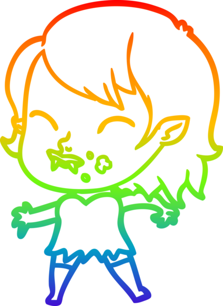 Gökkuşağı gradyan çizgisi. Bir insan tarafından çizilmiş yanağında kan olan vampir bir kız çizgi filmi.