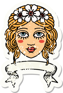 Bir insan tarafından çizilmiş çiçek taçlı bayrak takılmış eski bir çıkartma.