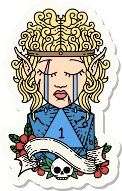 Ağlayan bir elf barbarının çıkartması. İnsan tarafından çizilmiş bir d20 ruloya bak.