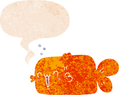 grunge 'da konuşma baloncuğu olan karikatür balığı bir insan tarafından çizilmiş dertli retro stil.