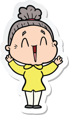 Bir insan tarafından çizilmiş mutlu yaşlı bir kadının çıkartması.