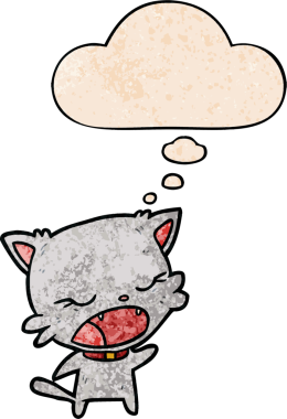 Bir insan tarafından çizilmiş grunge doku tarzında düşünce baloncuğuyla konuşan çizgi film kedisi