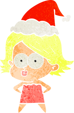 Bir insan tarafından çizilmiş Noel Baba şapkası takan bir kızın el çizimi karikatürü.