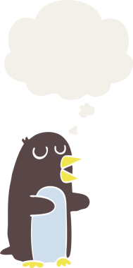 Düşünce baloncuğu olan bir penguen insan tarafından çizilmiş.