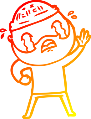 Bir insan tarafından çizilmiş, el sallayan ve ağlayan sakallı bir adamın çizgi film çizimi.