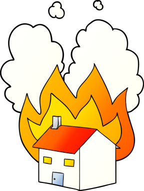 Bir insan tarafından çizilmiş karikatür yanan ev