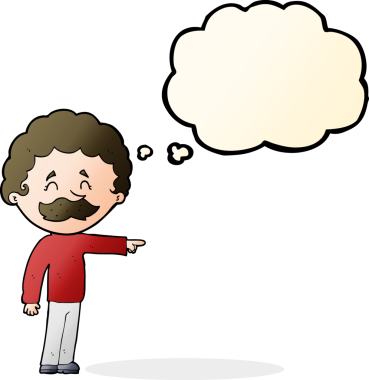 Çizgi filmdeki bıyıklı adam bir insan tarafından çizilmiş düşünce balonuyla işaret ediyor.