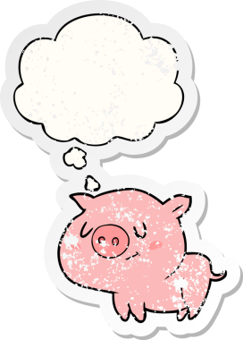 Düşünce baloncuklu çizgi film domuzu bir insan tarafından çizilmiş yıpranmış bir çıkartma.