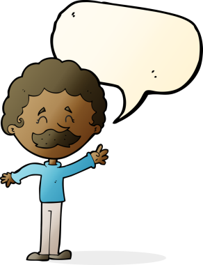 Bir insan tarafından çizilmiş konuşma baloncuğuyla bıyıklı çizgi film adamı.