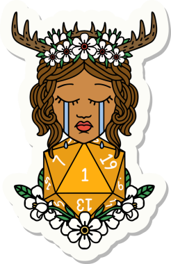 Ağlayan insan bir Druid 'in çıkartması. Bir insan tarafından çizilmiş doğal bir D20 rulosu.