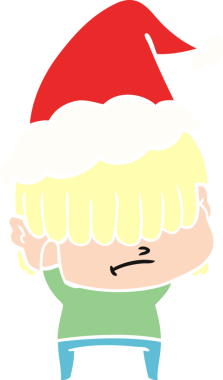 Bir insan tarafından çizilmiş, dağınık saçlı, Noel Baba şapkası takan bir çocuğun el resmi.