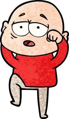 Bir insan tarafından çizilmiş yorgun, kel bir adam.