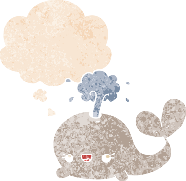 Düşünce baloncuğu içinde homurdanan sevimli çizgi film balinası bir insan tarafından çizilmiş dertli retro dokuma tarzı