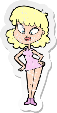 Bir insan tarafından çizilmiş kalçasında elleri olan bir karikatür kadının gerilmiş çıkartması.