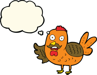 Bir insan tarafından çizilmiş düşünce kabarcığı olan yaşlı horoz çizgi filmi.