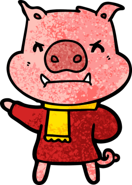 Bir insan tarafından çizilmiş kışın giydirilmiş kızgın çizgi film domuzu.