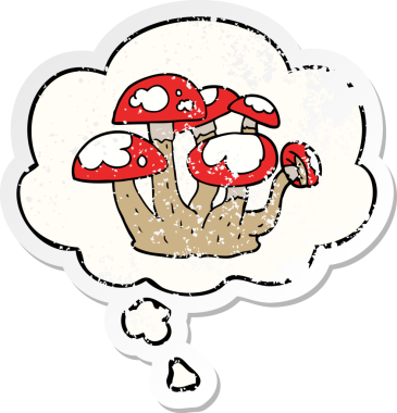 Düşünce baloncuklu mantarlar insan tarafından çizilmiş yıpranmış bir çıkartma.