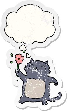 Düşünce baloncuklu çiçekli çizgi film kedisi insan tarafından çizilmiş yıpranmış bir çıkartma gibi.