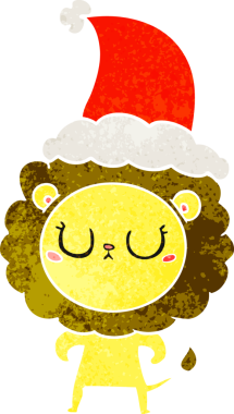 Bir insan tarafından çizilmiş Noel Baba şapkası giyen bir aslanın el çizimi karikatürü.