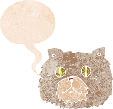 bir insan tarafından çizilmiş grunge sıkıntılı retro desenli konuşma baloncuklu çizgi kedi yüzü