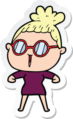 Bir insan tarafından çizilmiş gözlüklü bir karikatür kadının çıkartması.