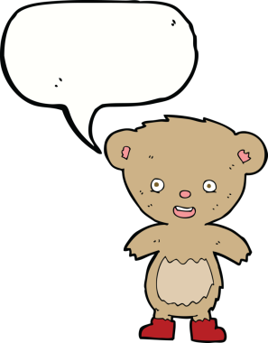 Bir insan tarafından çizilmiş konuşma balonlu oyuncak ayı.