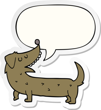 Bir insan tarafından çizilmiş konuşma balonu çıkartmalı çizgi film köpeği.