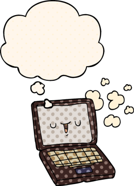Bir insan tarafından çizilmiş, düşünce baloncuklu çizgi film bilgisayarı.