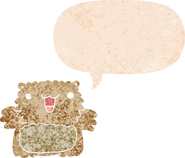 Bir insan tarafından çizilmiş grunge sıkıntılı retro biçimli konuşma balonu ile çizgi film ayısı